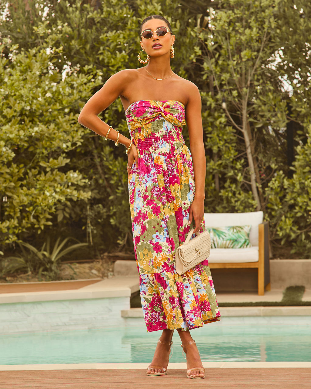 Lynelle Strapless Floral Smocked Midi Dress