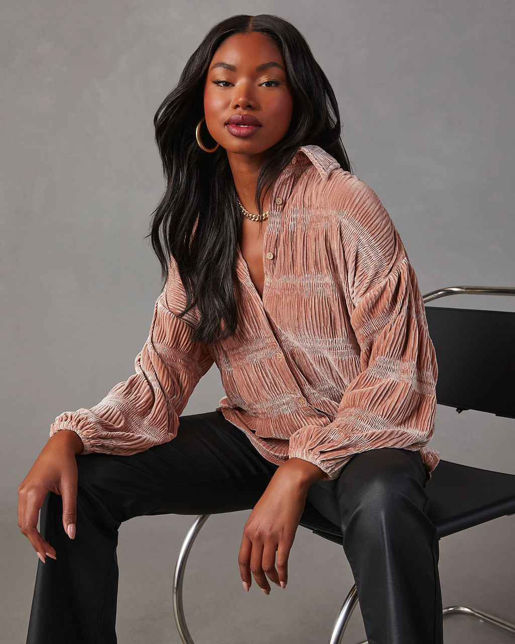 Bette Textured Velvet Button Down Top