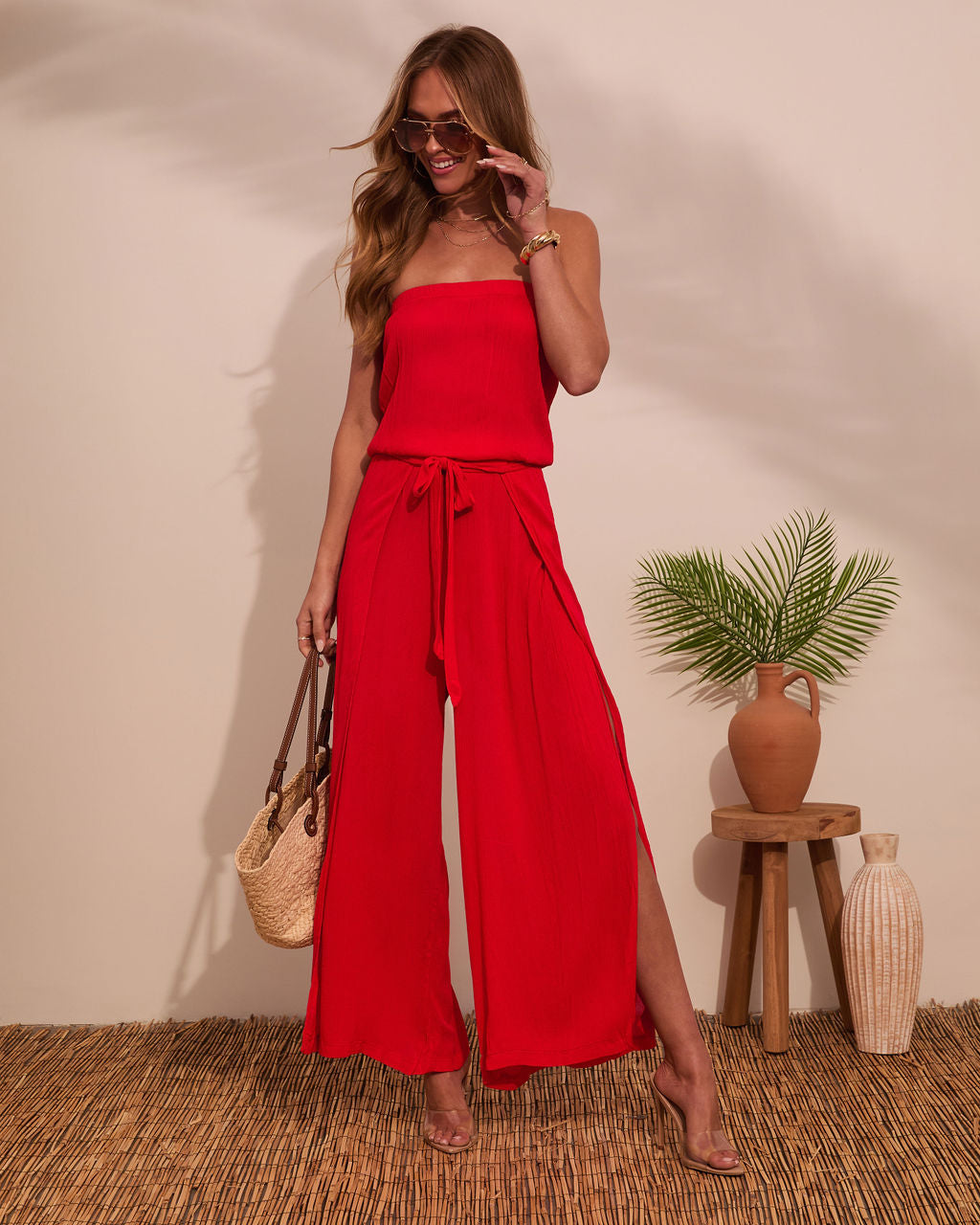 Coasting By Strapless Waist Tie Jumpsuit