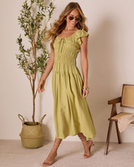 Linen Skies Flutter Sleeve Midi Dress