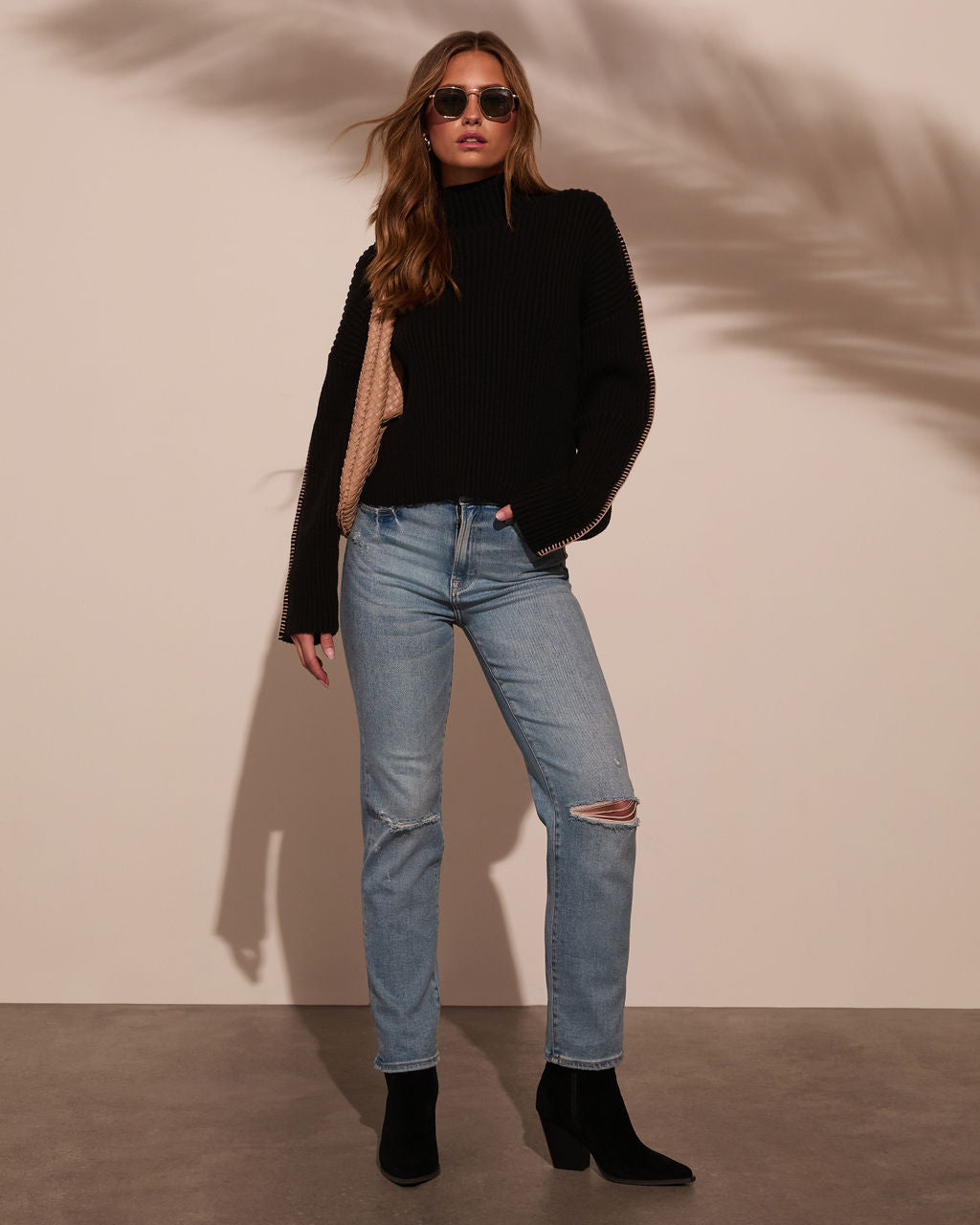 Anita Contrast Stitch Mock Neck Sweater