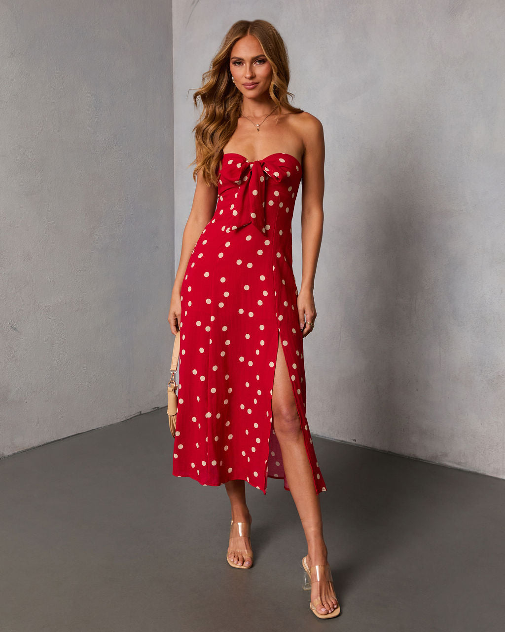 Eirah Strapless Cut Out Polka Dot Midi Dress