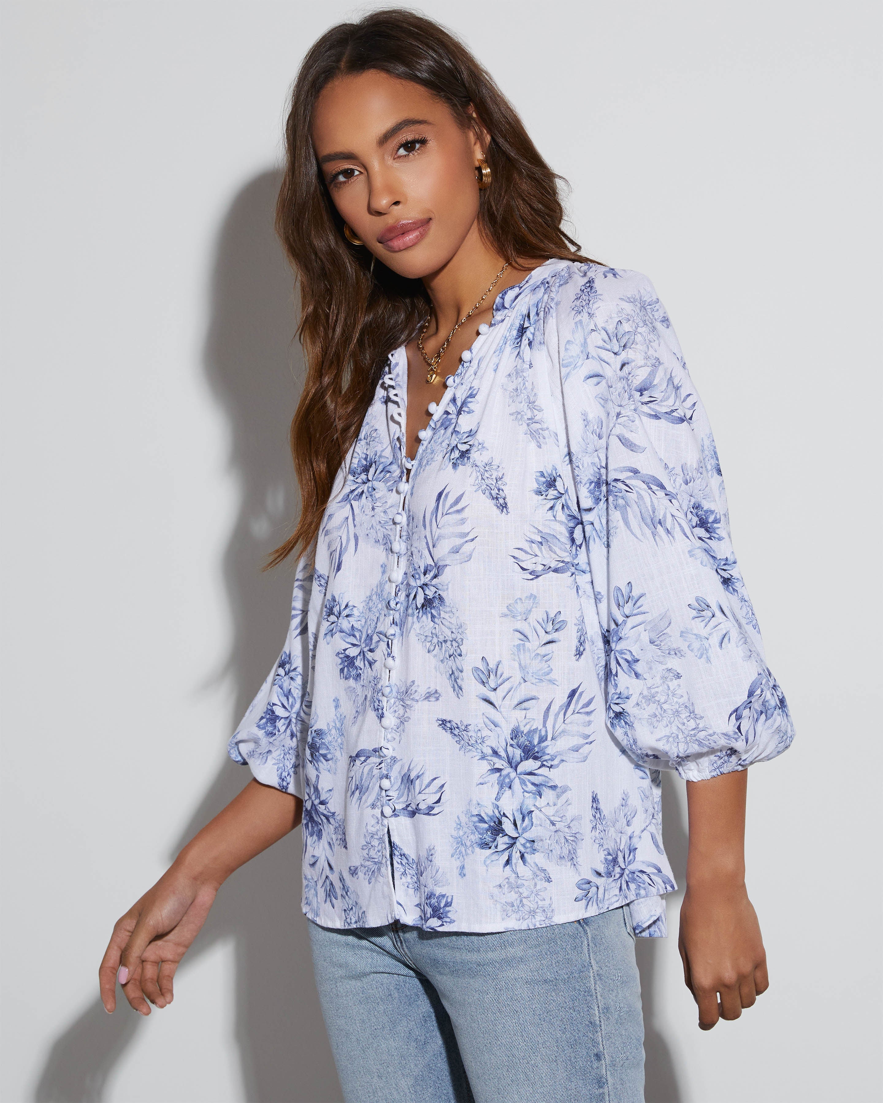 Betsey Floral Linen Long Sleeve Blouse