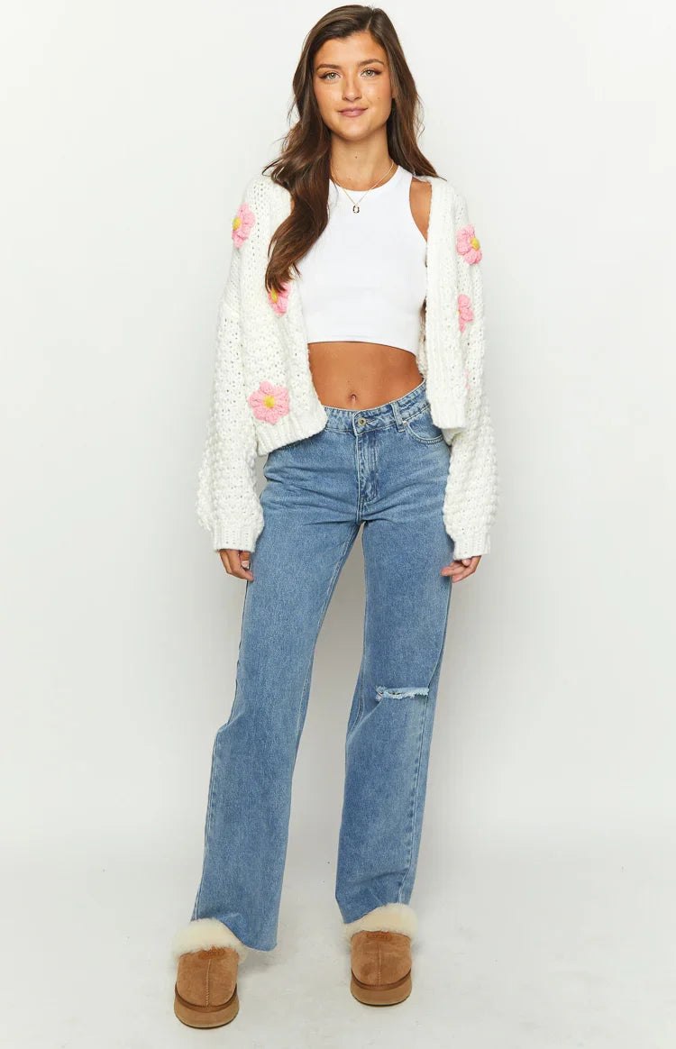 Luella White Flower Knit Cardigan