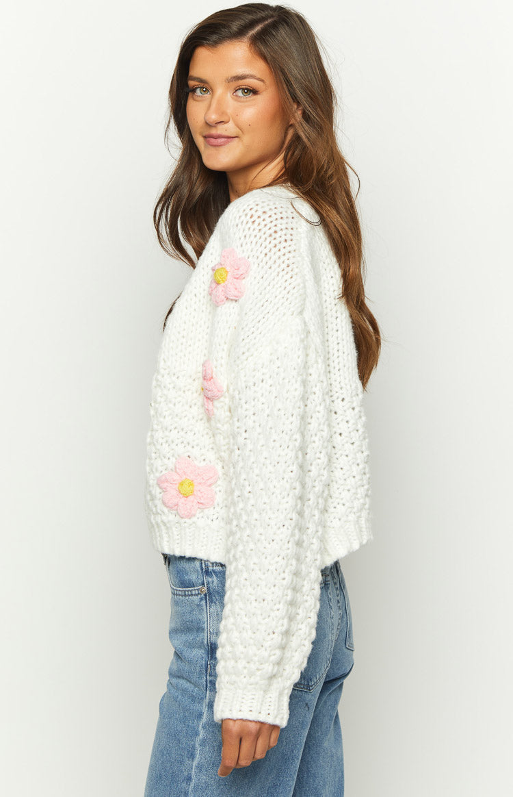 Luella White Flower Knit Cardigan