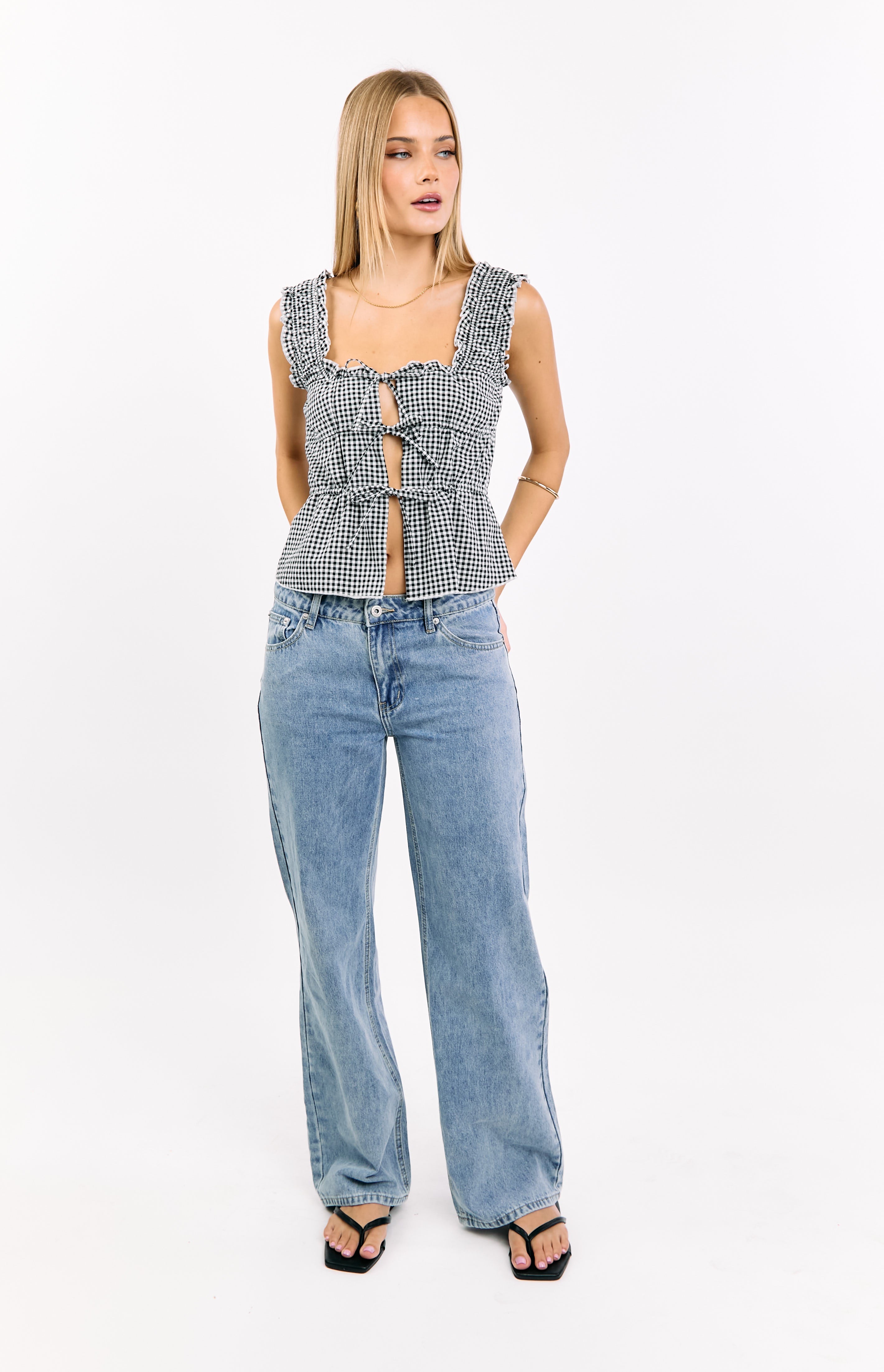 Neevie Black Gingham Tie Top