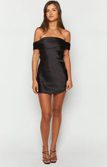 Primrose Black Satin Off the Shoulder Mini Dress