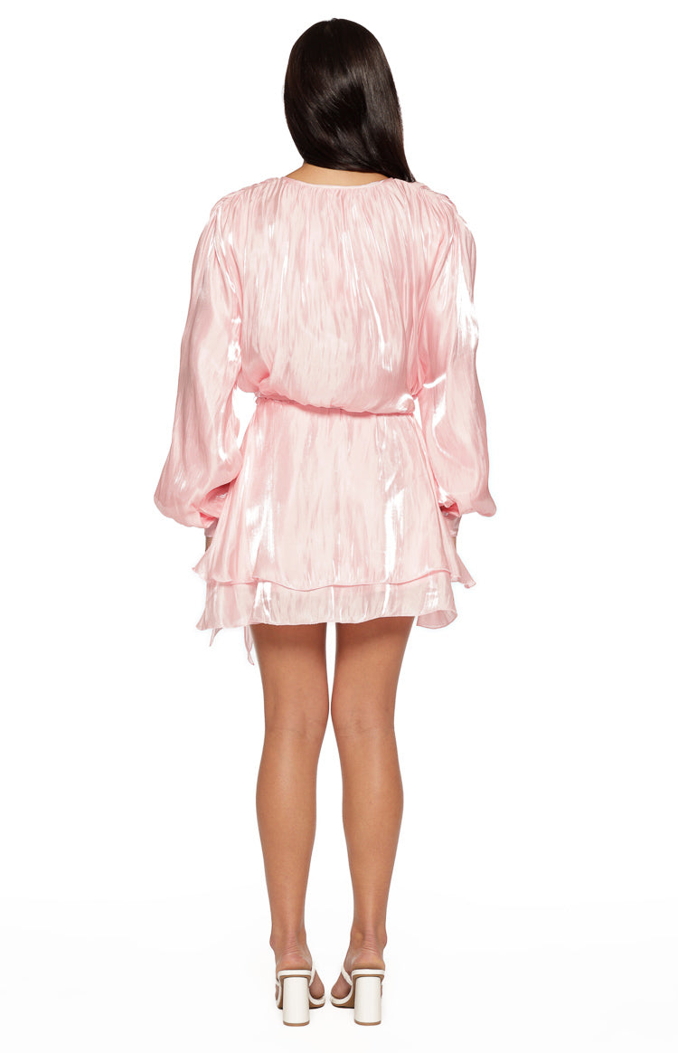 Quinton Pink Satin Long Sleeve Tie Mini Dress