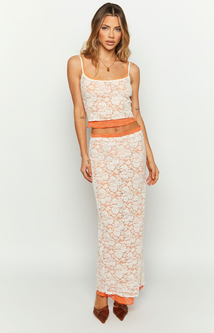 Willow Orange Contrast Lace Midi Skirt