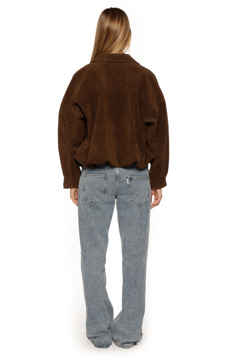 Brookie Brown Suedette Cuff Sleeve Bomber Jacket
